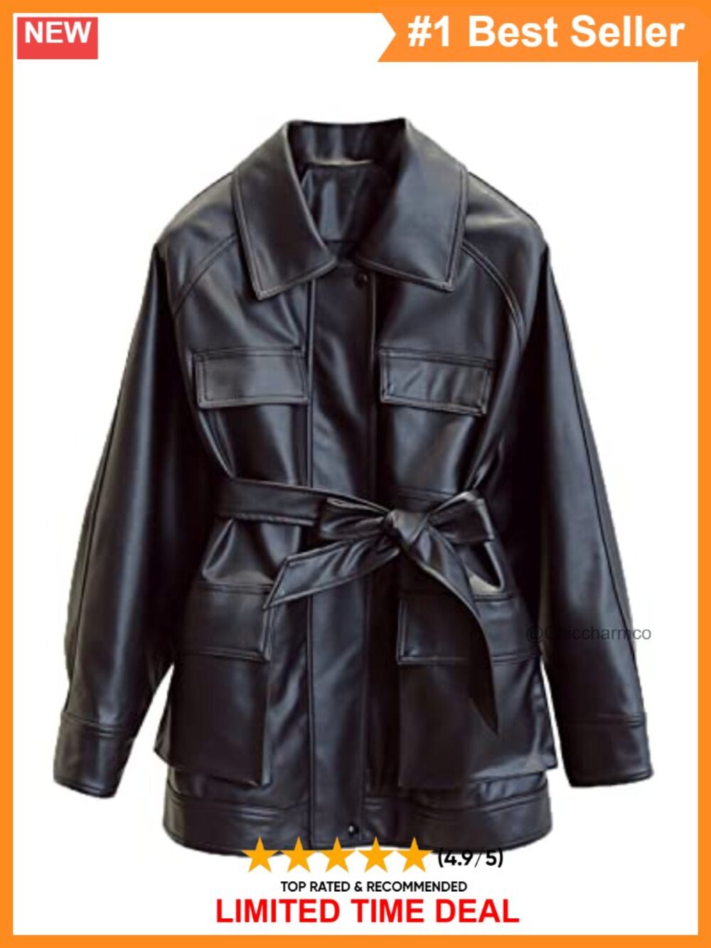 Faux Leather Belted Shirt Jacket Lapel Blazer Coat with Bust Pocket